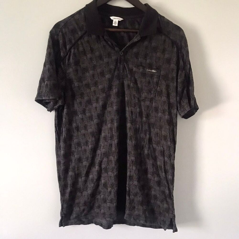 Calvin Klein Mens Polo Shirt Black With Grey Design Chest Pocket Size Medium